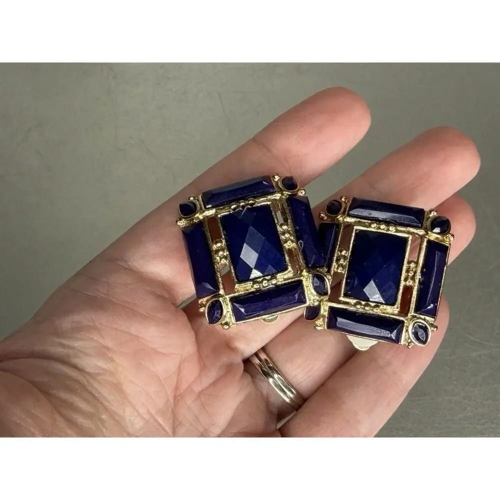 Vintage Chunky Gold Square Blue Clip On Earrings 1980s Faceted